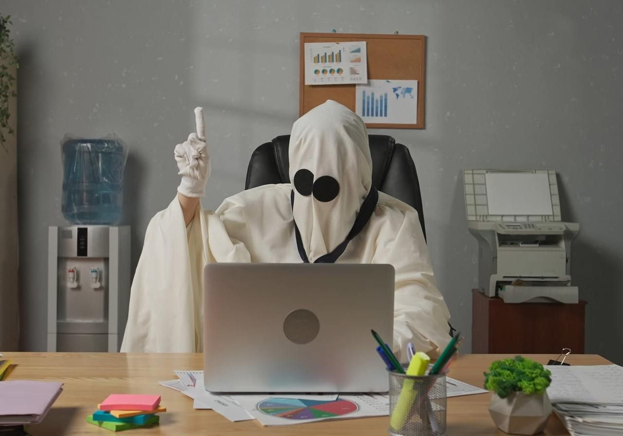 A person dressed as a ghost sits at an office desk with a laptop, raising one finger.